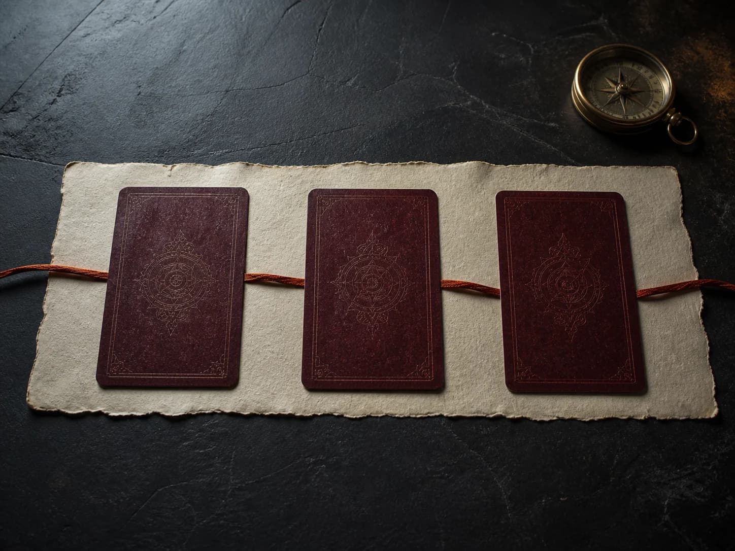 3-card tarot reading arranged on a dark cloth table