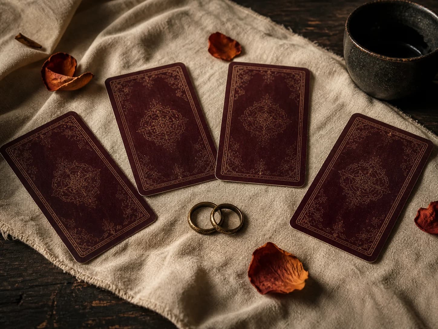 four tarot spread arranged on a reading table