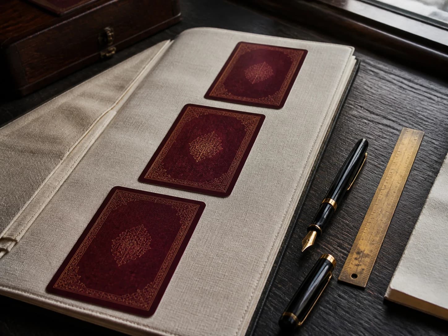 3-card tarot reading arranged on a dark cloth table
