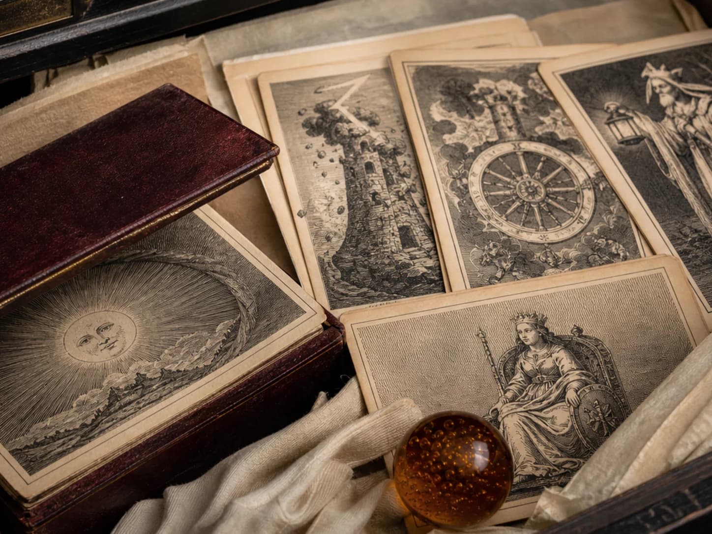An archive drawer filled with historic tarot prints and a closed deck