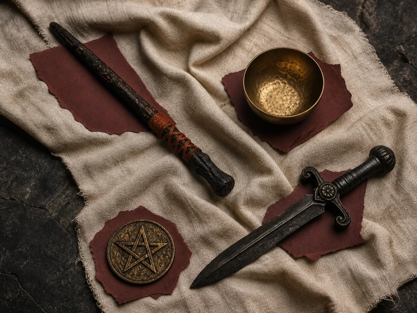 Wand, cup, sword and pentacle objects arranged as the four Minor Arcana suits