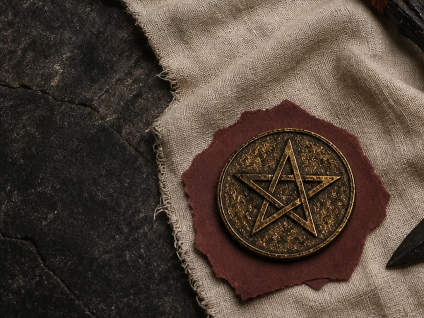 A brass pentacle medallion on layered cloth