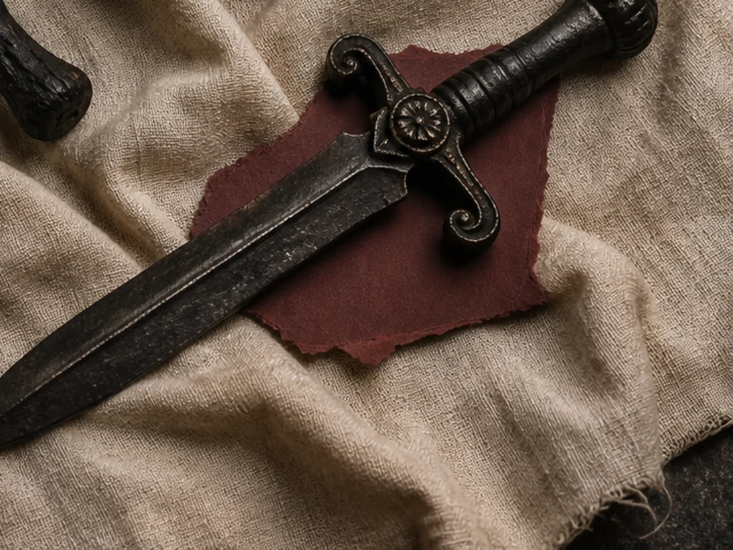 An engraved ceremonial sword on a dark reading table