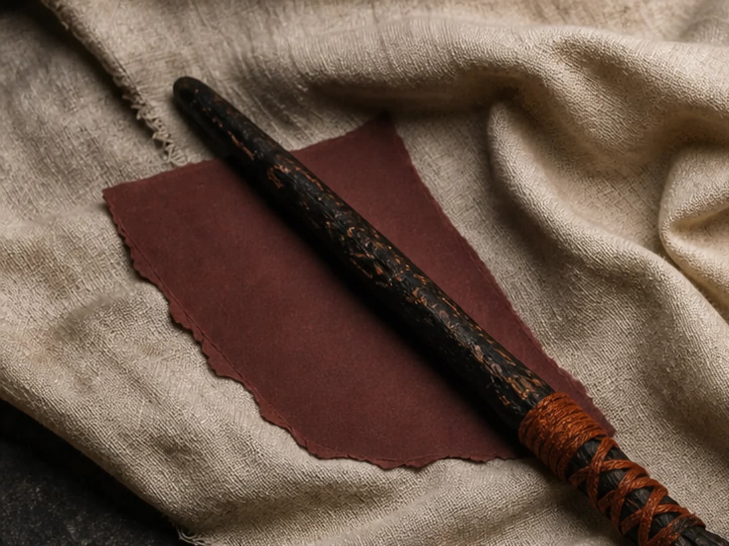 A carved ritual wand on oxblood cloth
