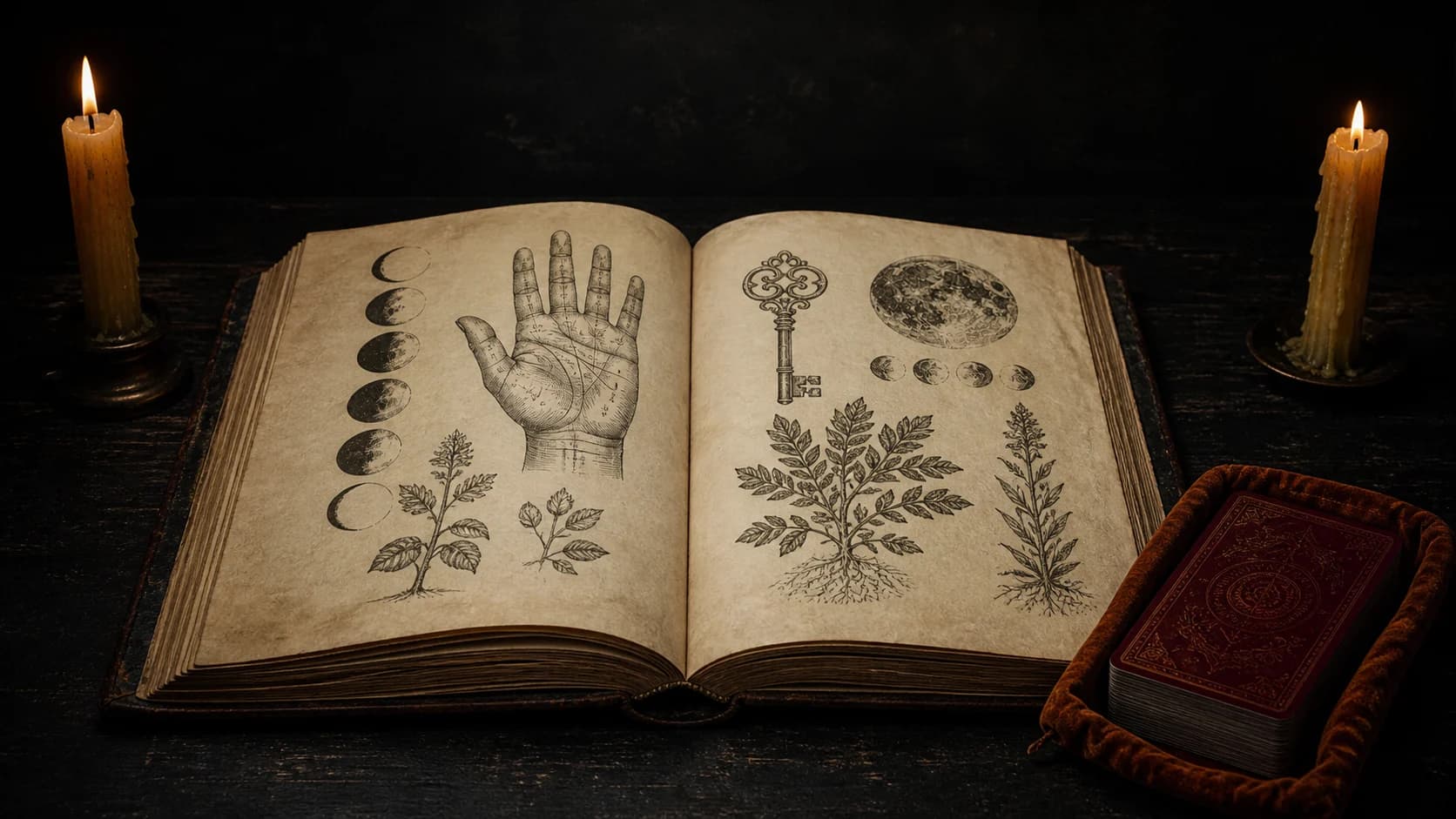 Open occult reference book with Moon and palm diagrams by candlelight