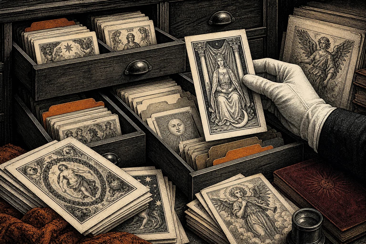 Engraved tarot archive with an open drawer of cards, cataloguing notes, and orange seals