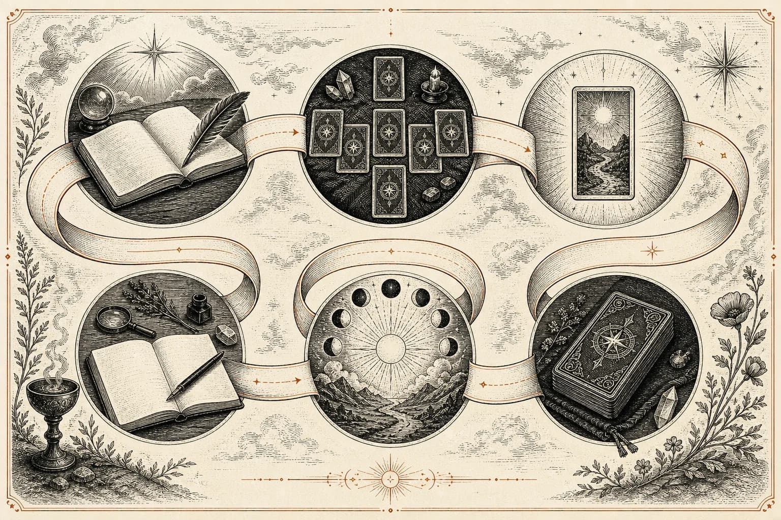 Engraved tarot study desk with a card, notebook, magnifying glass, and orange annotations