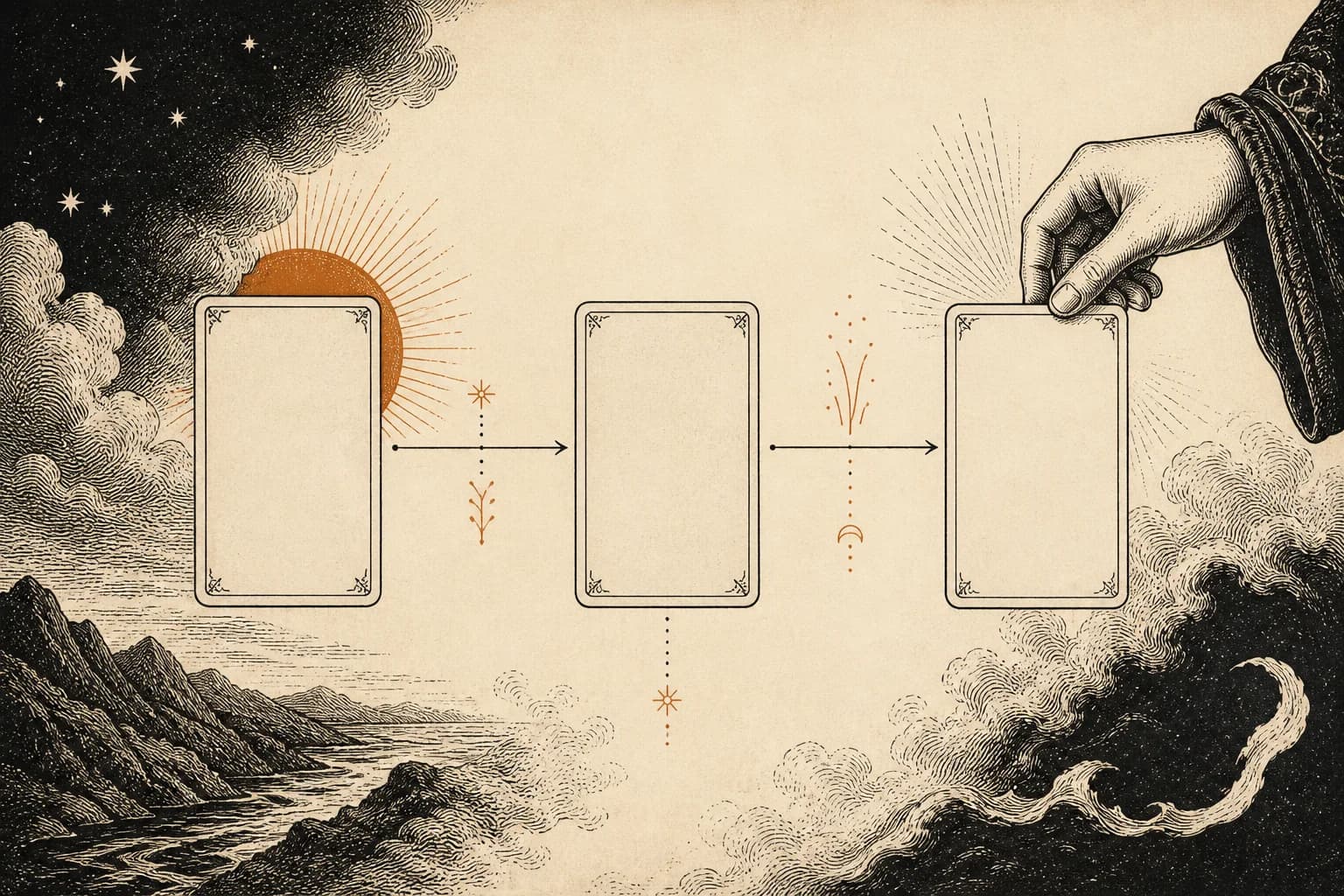 Engraved sequence showing a tarot reading moving from question to cards to written reflection