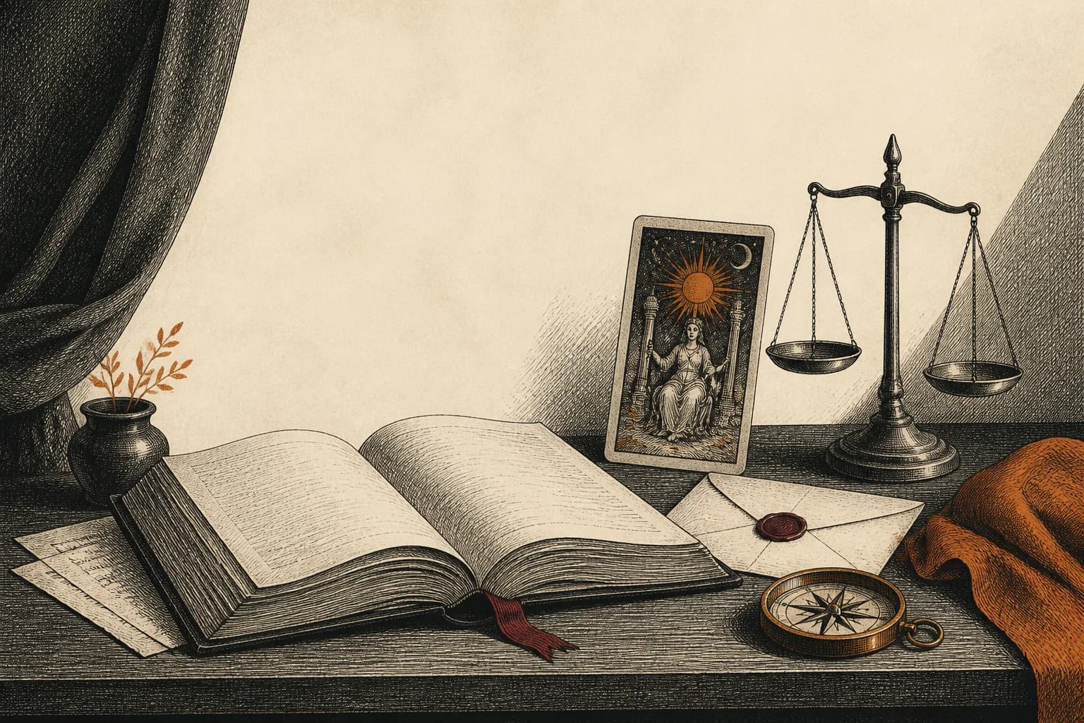 Engraved reference desk with books, index cards, a lamp, and carefully organised tarot notes