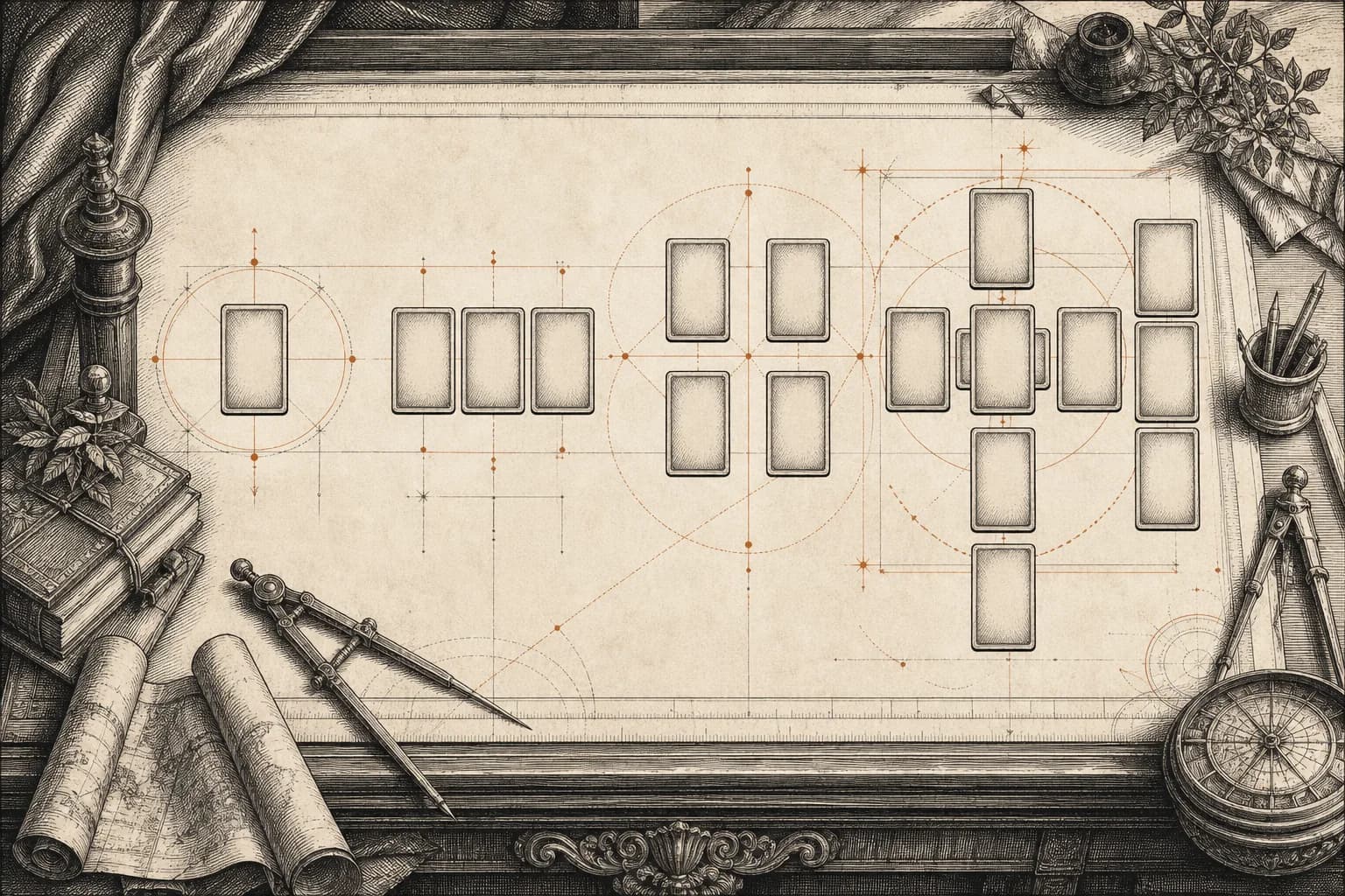 Engraved atlas of one, three, four, and ten-card tarot spread arrangements