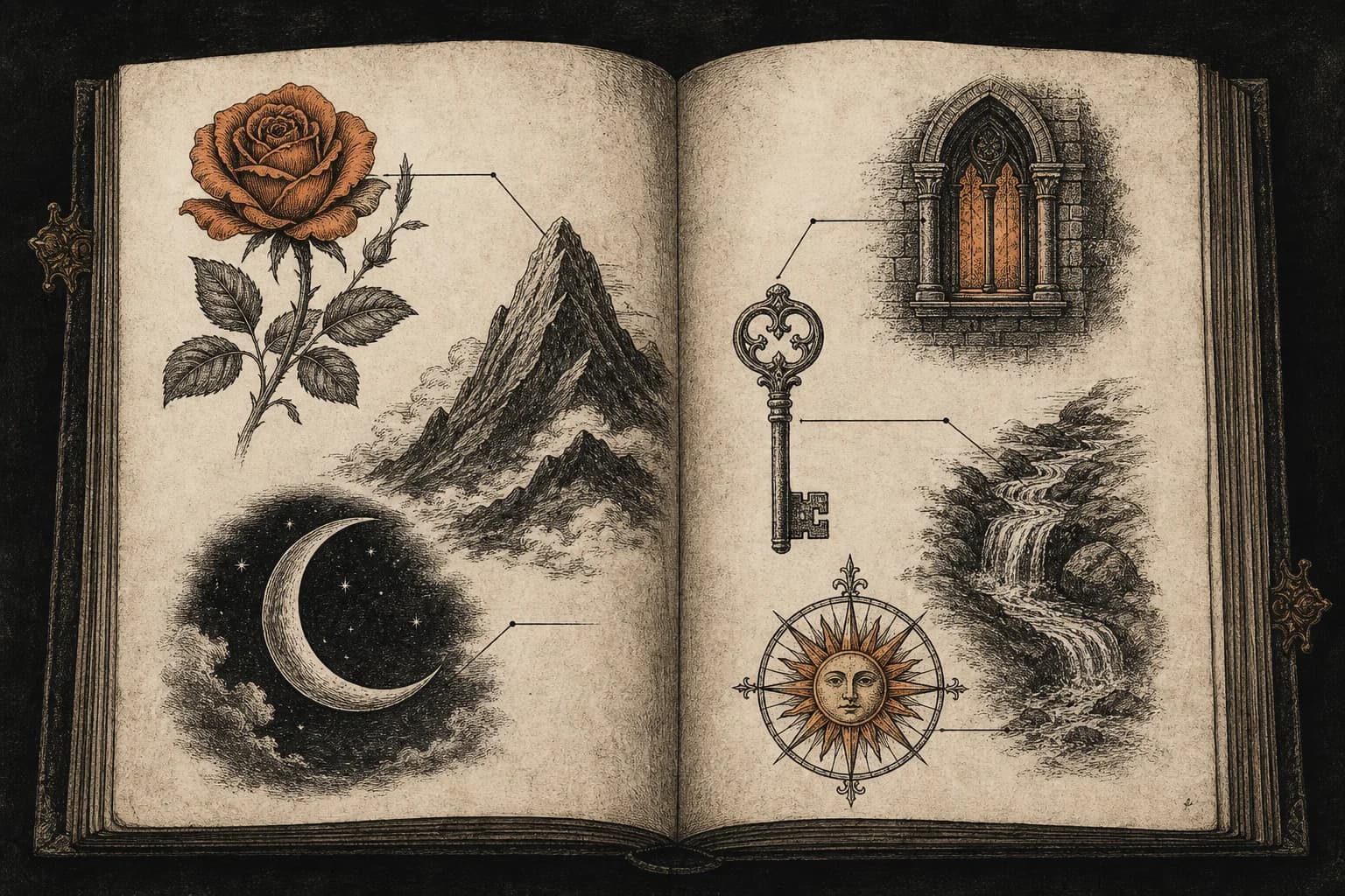 Engraved tarot symbol study with cards, celestial diagrams, botanical details, and margin notes